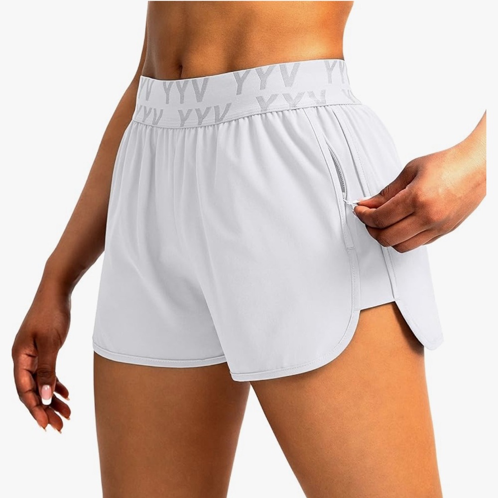 White Athletic Shorts with Curved Hem and Elastic Waistband EUC